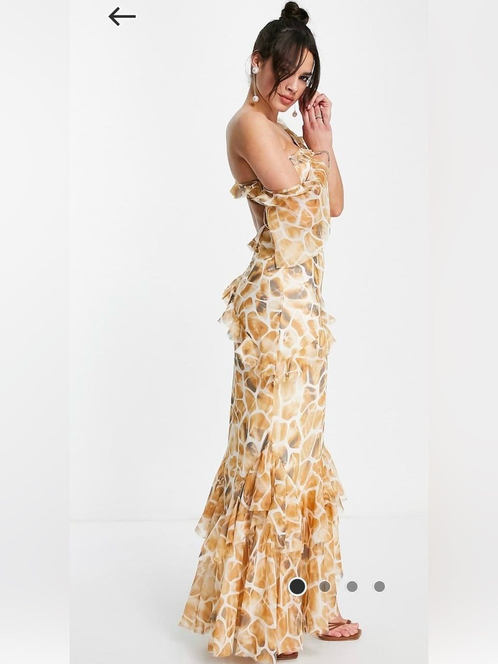 ASOS DESIGN fallen shoulder maxi dress with bias ruffle detail in animal print